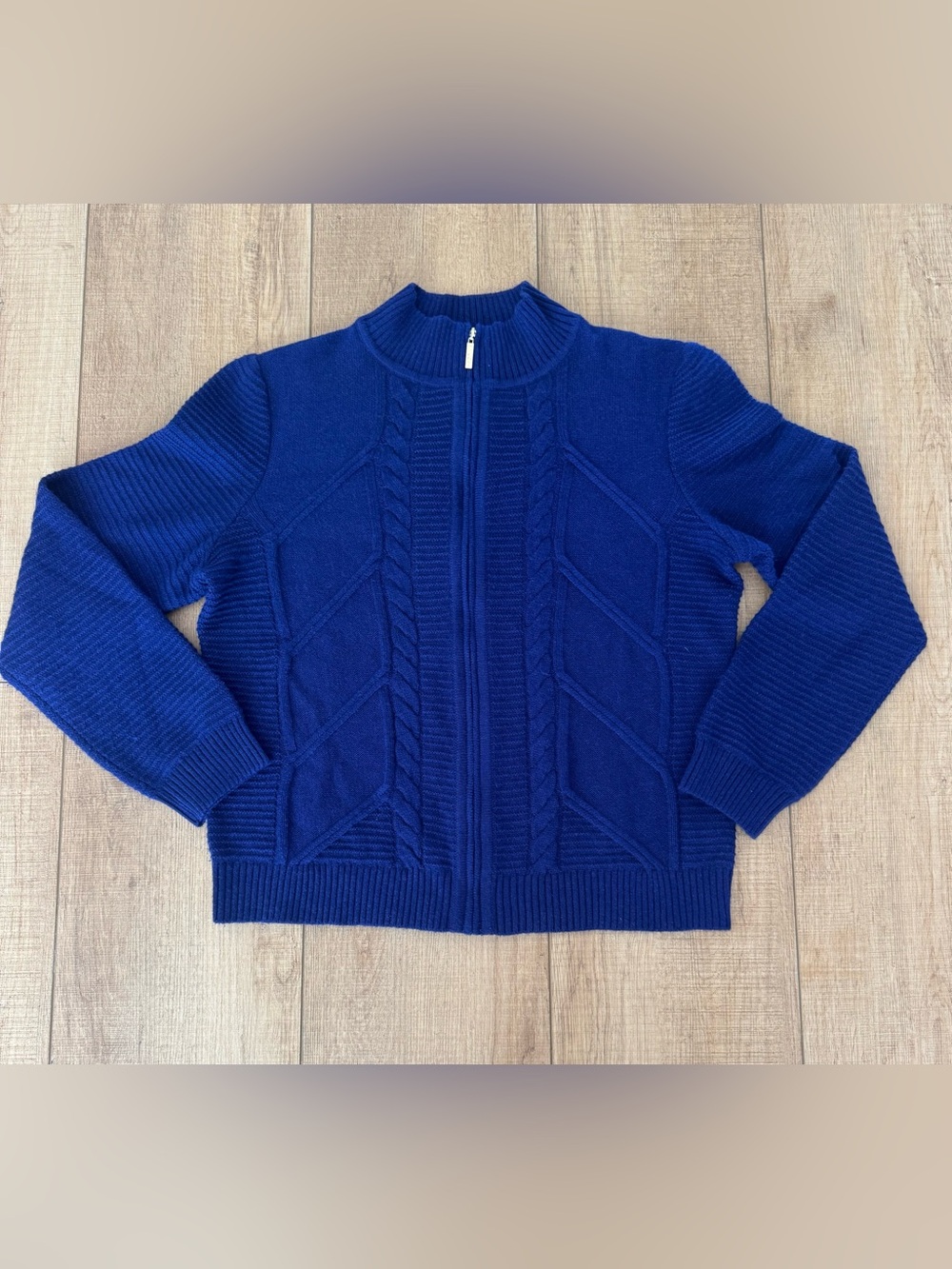 St. John 100% Cashmere Cable Knit Zip Cardigan Sweater Cobalt Blue L
